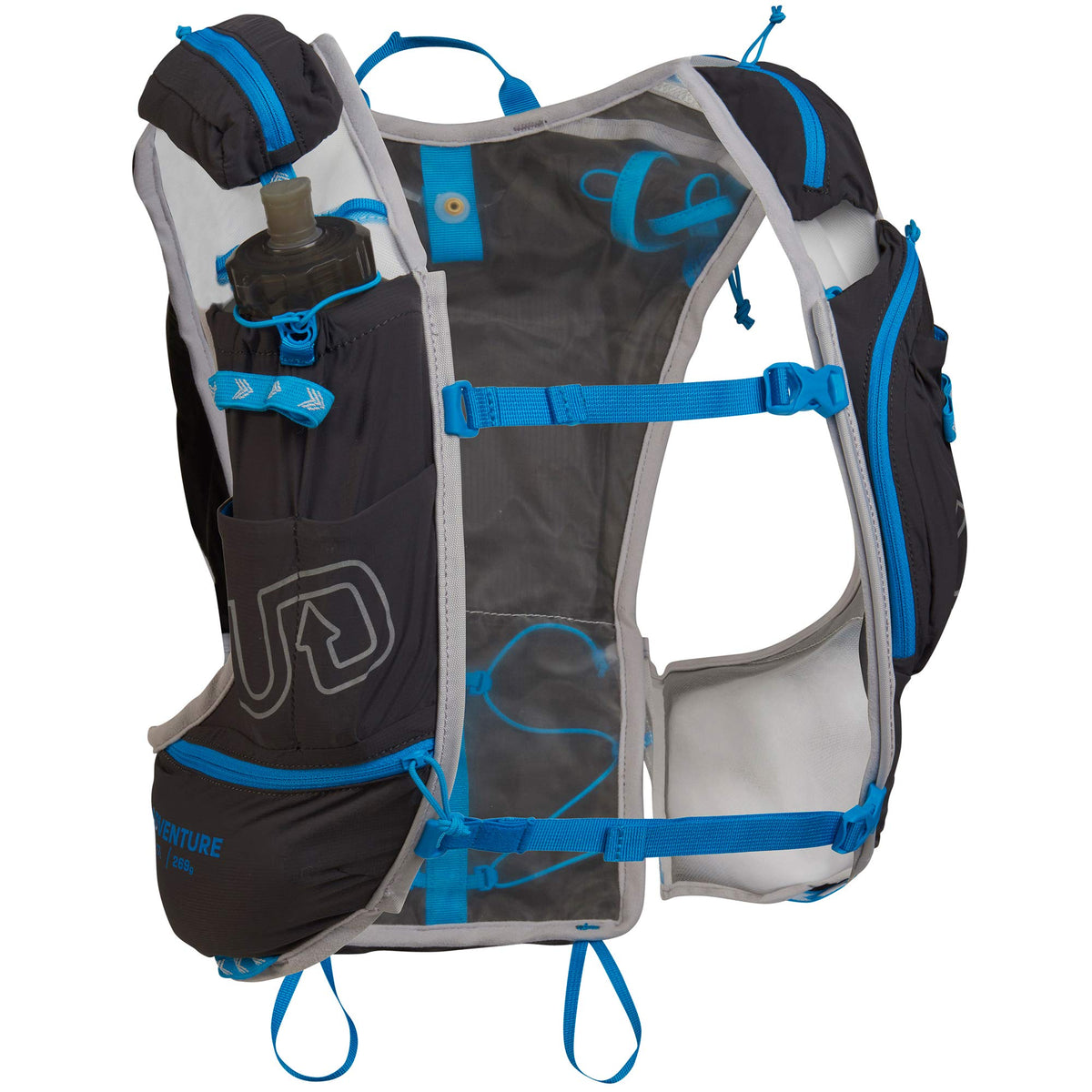 Ultimate Direction Adventure Vest 5 Night Sky SM front pocket enables quick on-trail access.