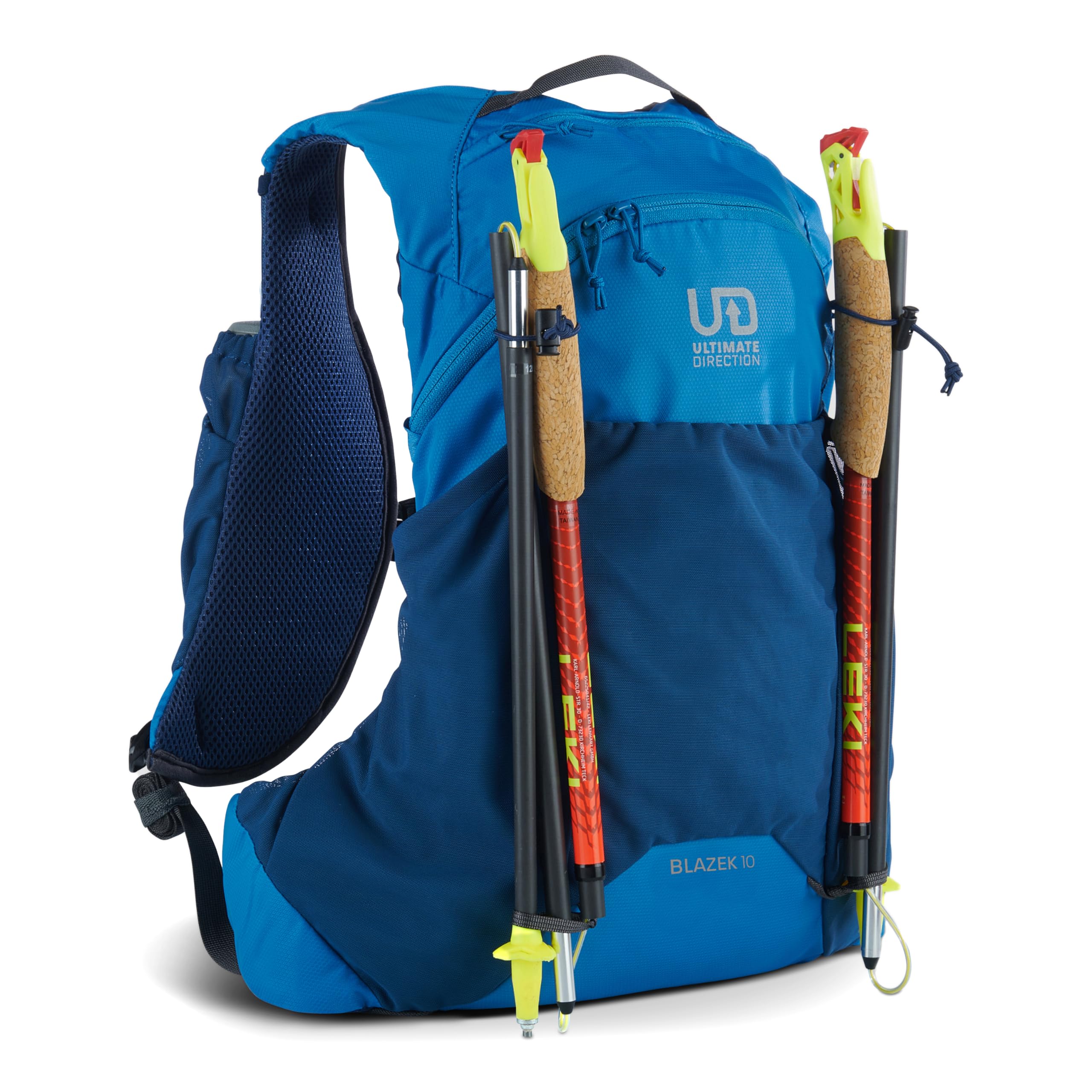 Blazek trekking pole attachments secure gear on tough sections.