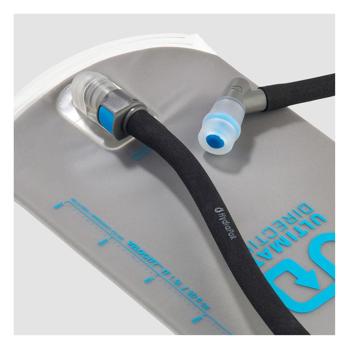 Ultimate Direction 36-inch drink tube attached to hydration bladder for smooth flow.