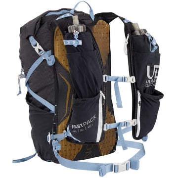Ultimate Direction Fastpack 20L front bottle pockets keep hydration within reach.