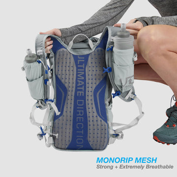 Ultimate Direction FastPackHer 20L 2.0 lightweight monorip mesh fabric reduces weight.