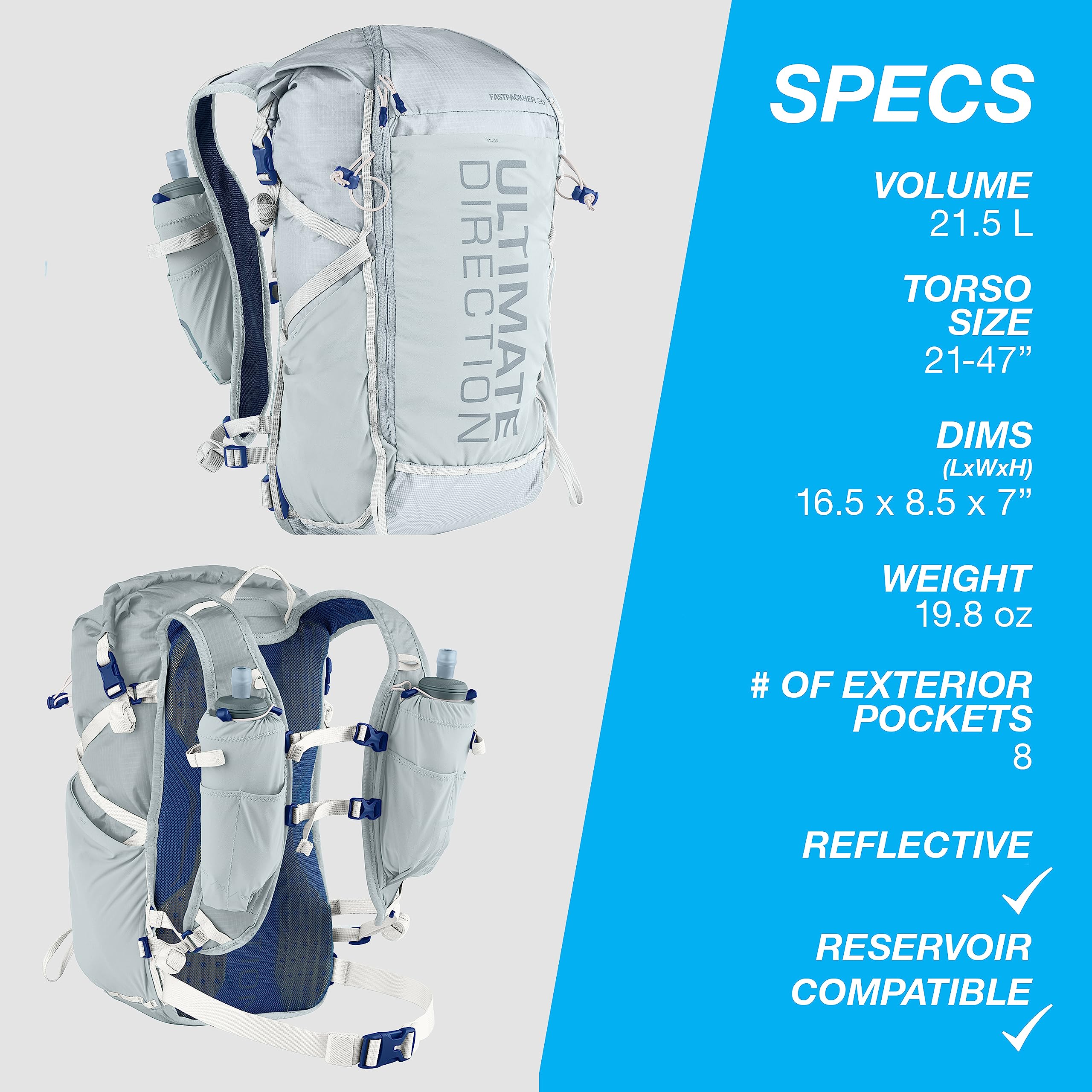 Ultimate Direction FastPackHer 20L 2.0 water bottle pockets for on-the-go hydration.