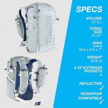Ultimate Direction FastPackHer 20L 2.0 water bottle pockets for on-the-go hydration.