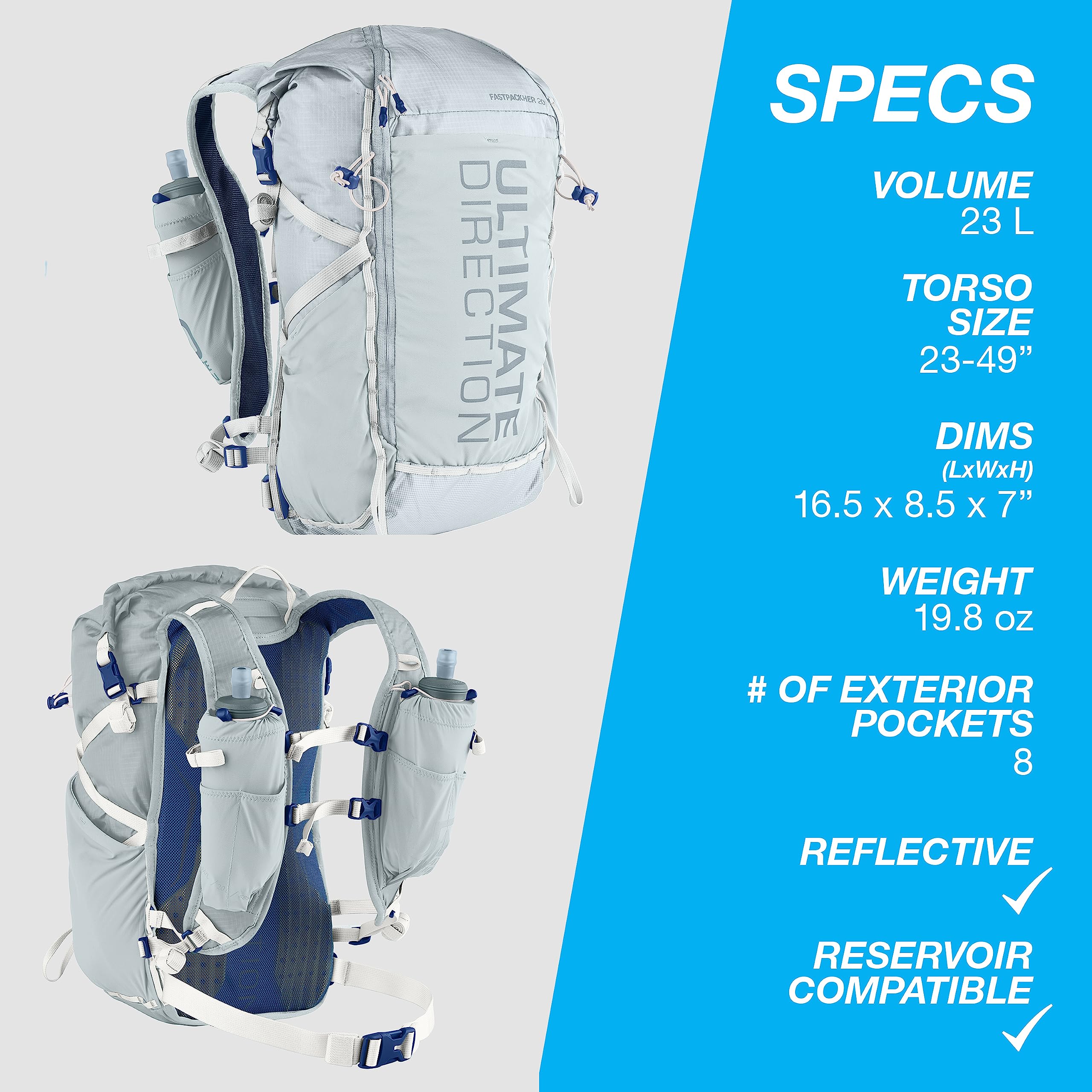 Ultimate Direction FastPackHer 20L ventilated back panel keeps your back cool during climbs
