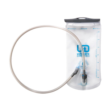 Ultimate Direction 1.5L reservoir pour shows quick-fill and reseal capability for on-the-go hydration