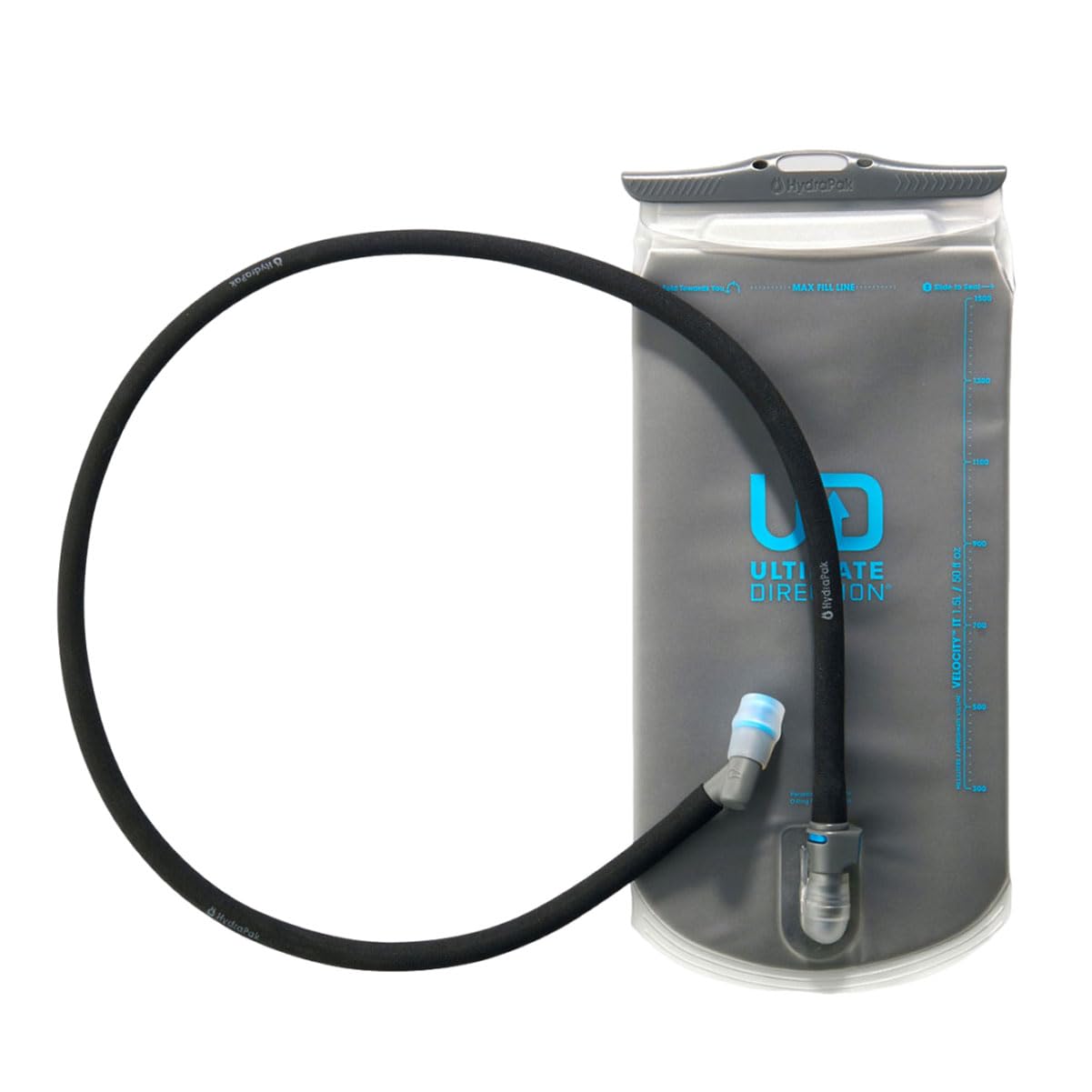 Ultimate Direction water reservoir with straw integrated for on-the-trail hydration.