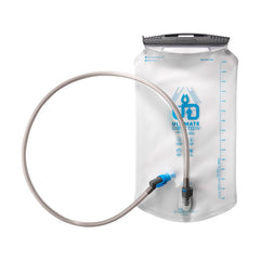 Ultimate Direction water reservoir straw focus enables quick sip on rugged trails.