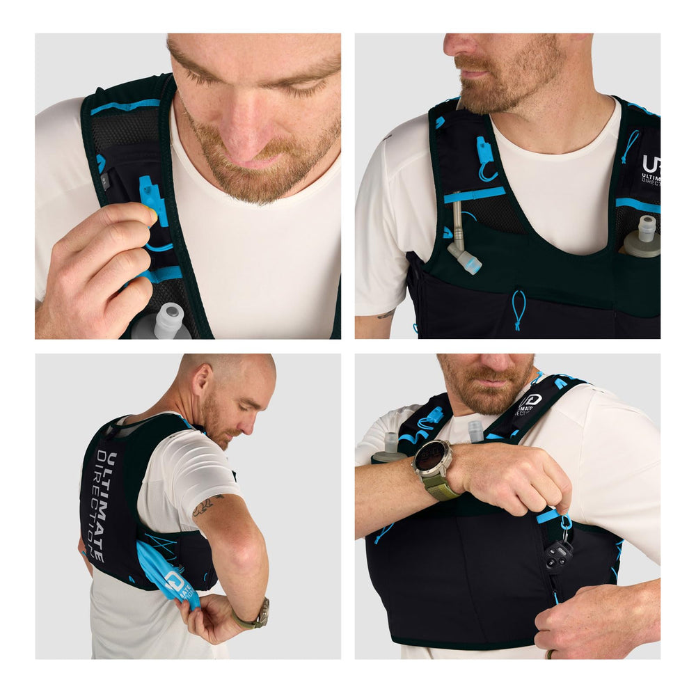 Back pockets with reservoir sleeve and lumbar storage for longer trail days.