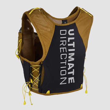 Ultimate Direction Xodus hydration vest back view showing reservoir sleeve and pole carry options.