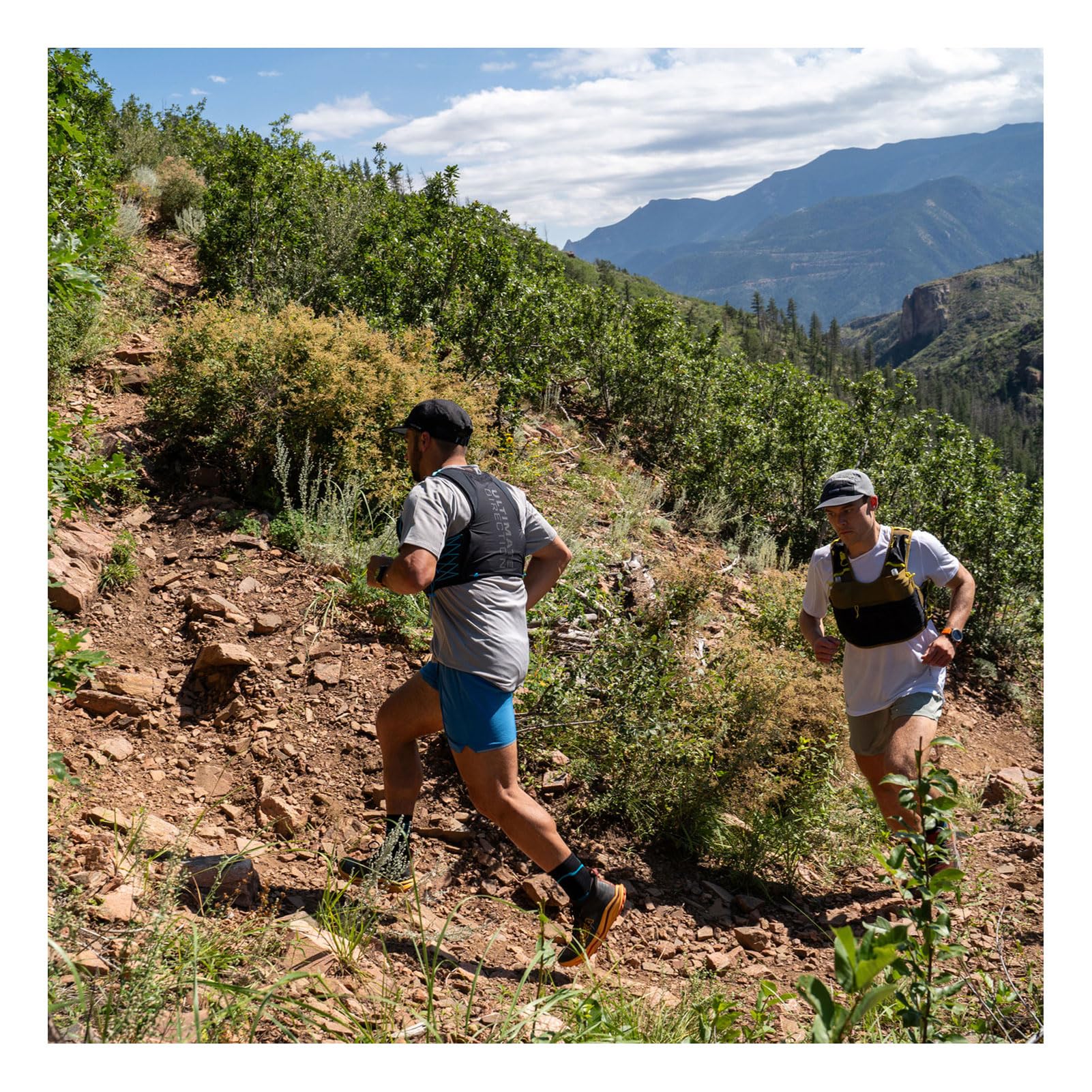 Trekking pole carry system shown on Xodus vest for easy gear stowing.