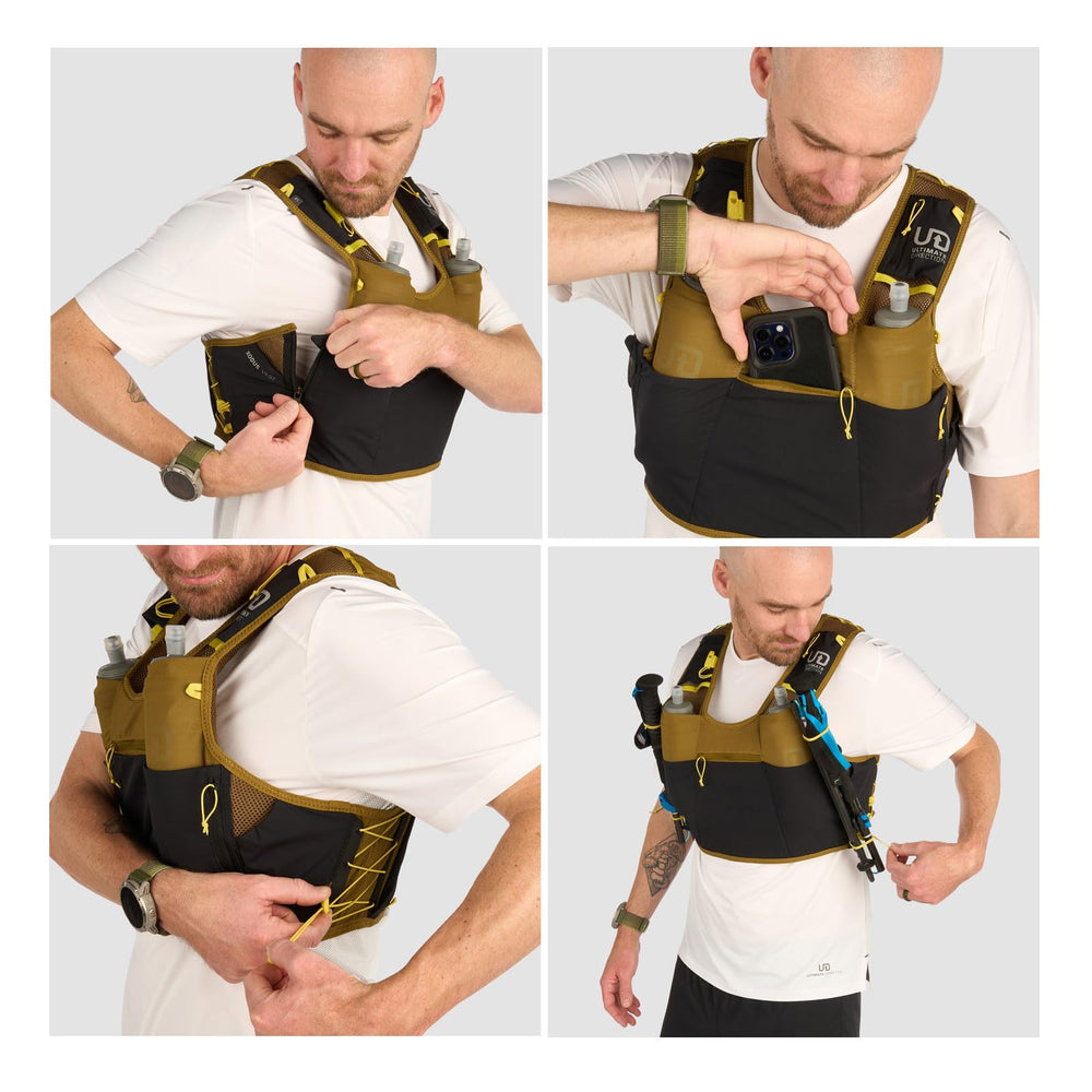 Ultimate Direction Xodus vest back pocket and reservoir sleeve keep items organized on long races.