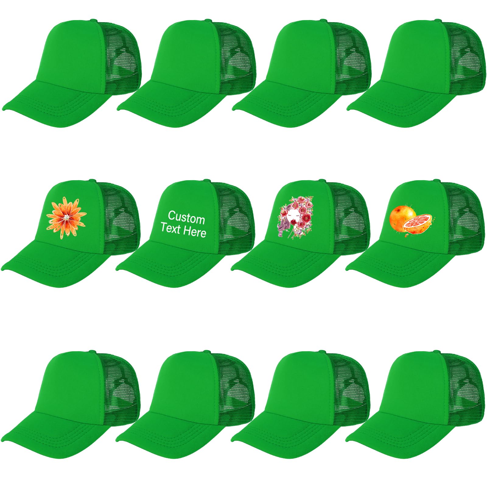 Ultrafun 12Pack Green Trucker Hat front view showing breathable mesh back for cooling.