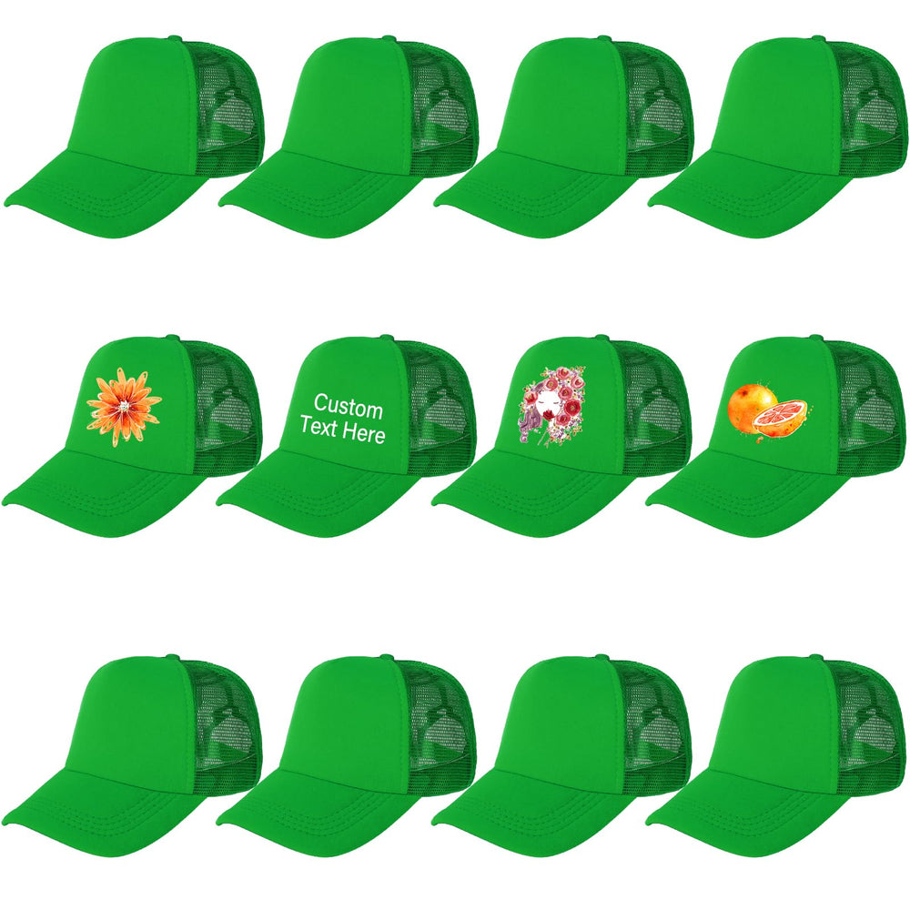 Ultrafun 12Pack Green Trucker Hat front view showing breathable mesh back for cooling.