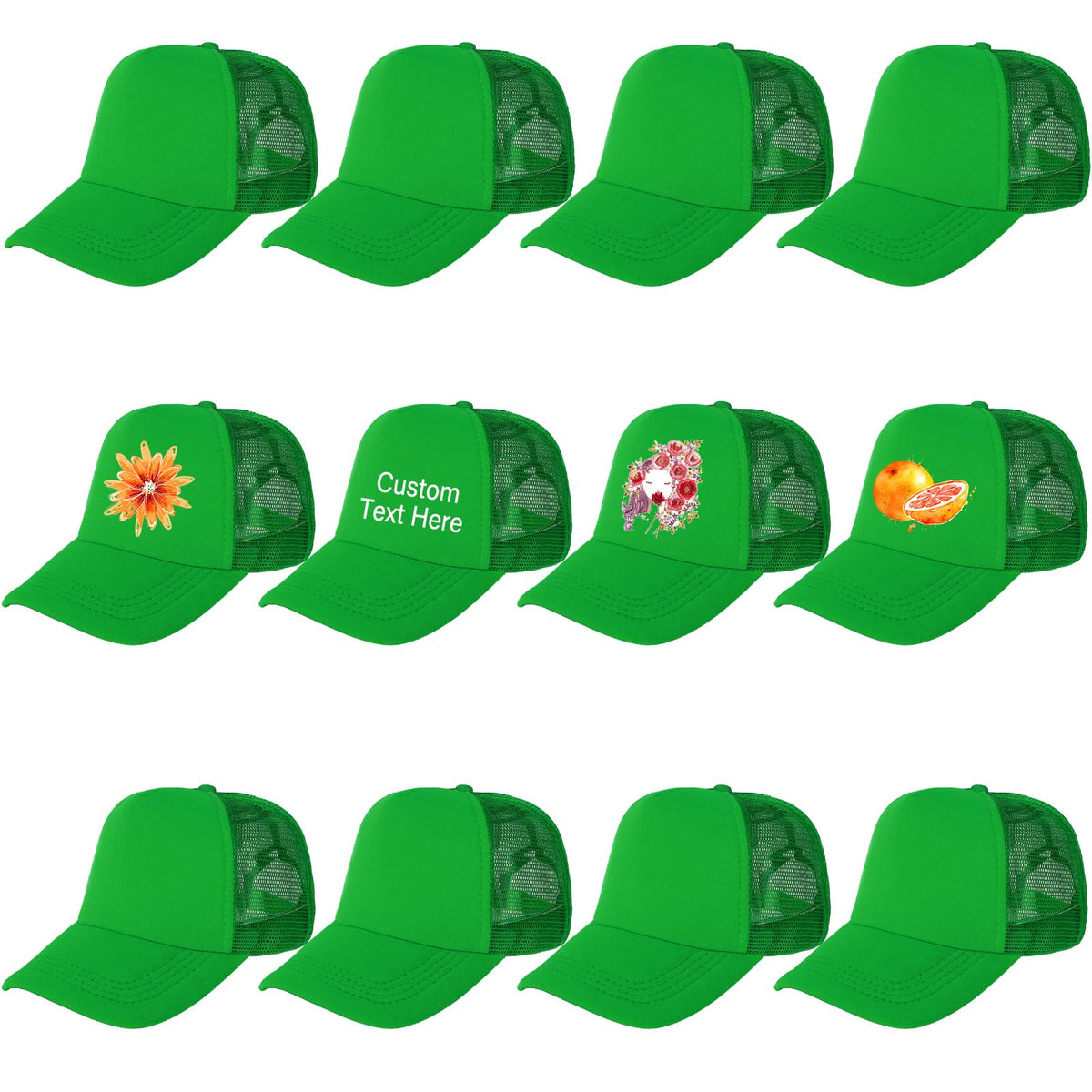Ultrafun 12Pack Green Trucker Hat front view showing breathable mesh back for cooling.