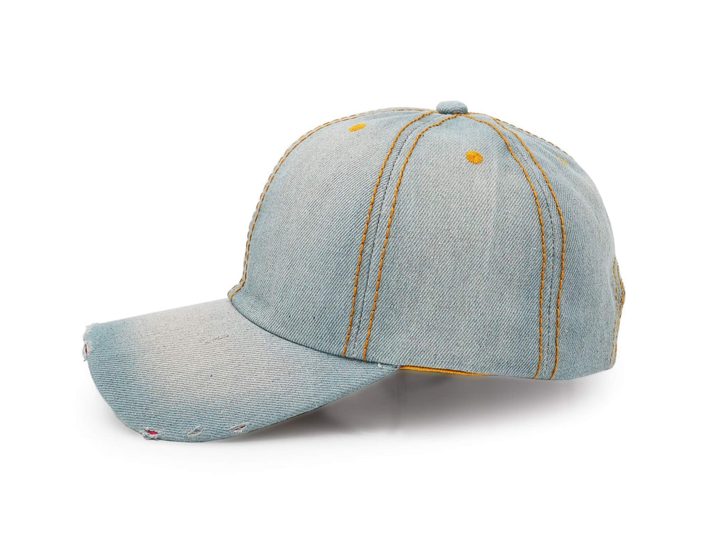 UltraKey Denim Baseball Cap dilapidated design detail for rugged vibe.