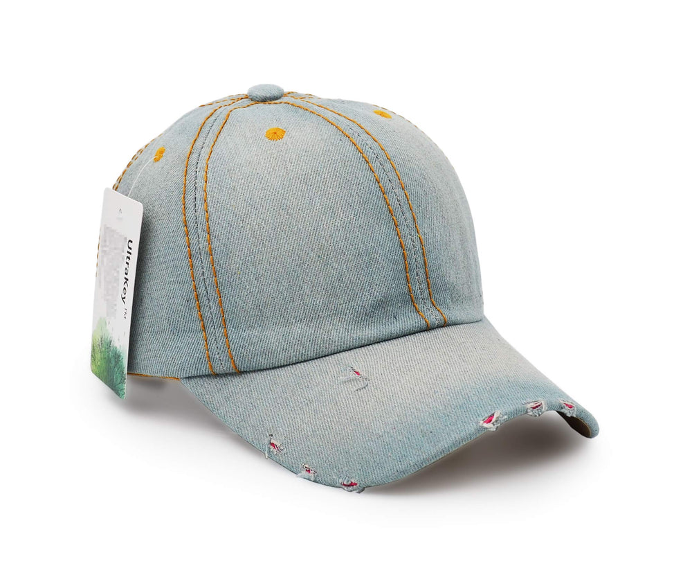 UltraKey Denim Baseball Cap side view demonstrates versatile unisex styling.