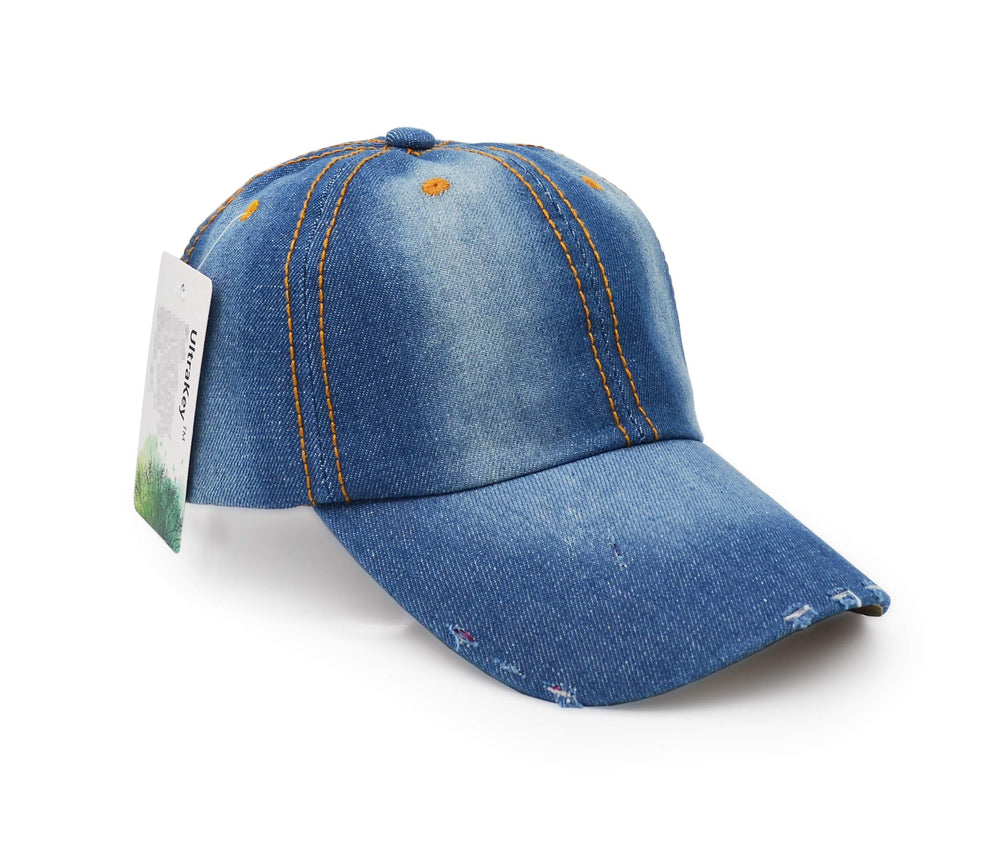  UltraKey denim cap with dilapidated design adds vintage flair for adventures.