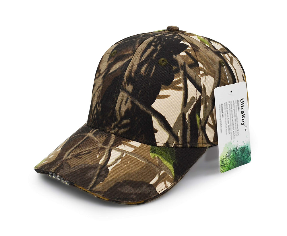 UltraKey camouflage cap during cycling or camping, hands-free lighting.