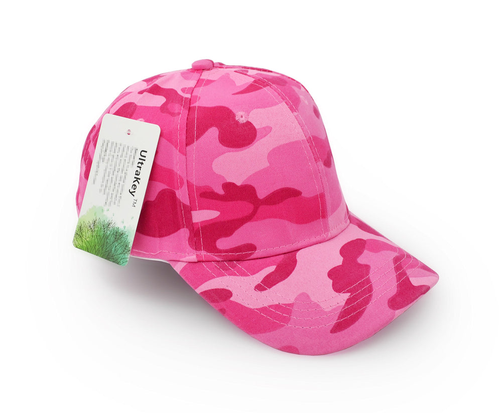 UltraKey pink camouflage cap side view with adjustable strap for a secure fit.