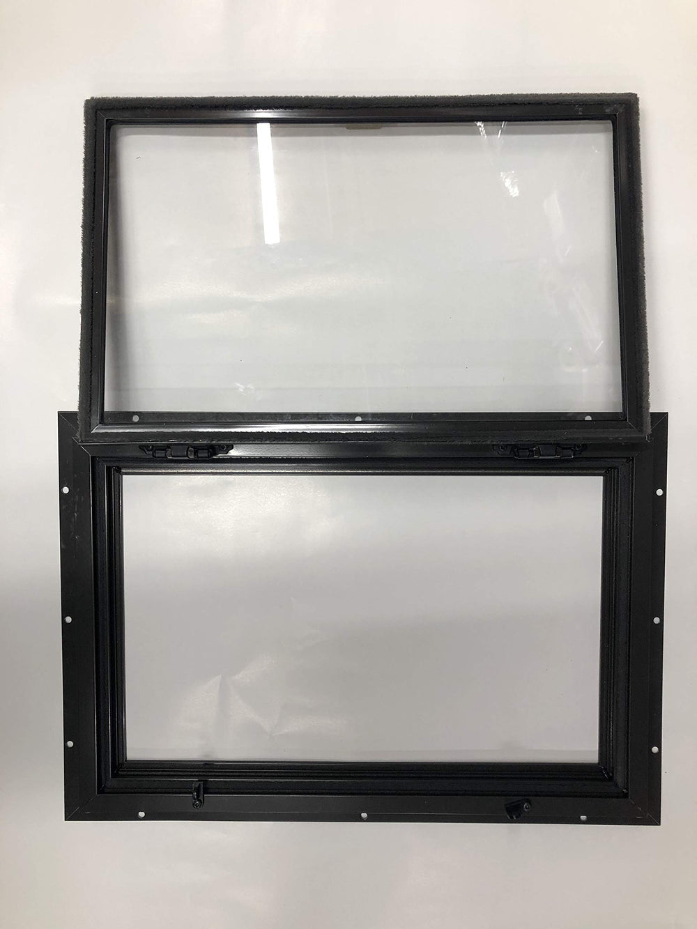 Ultramatic Deer Blind Window mounted open showing magnetic catch for secure partial opening
