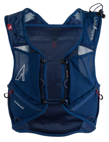 Ultraspire Alpha 6.0 back view highlights compact fit for endurance on trails.