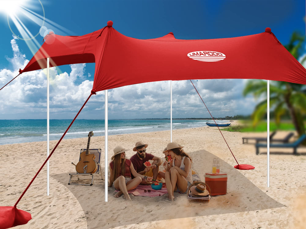 UMARDOO family beach tent red 10x10 fully set up for family shade at the beach