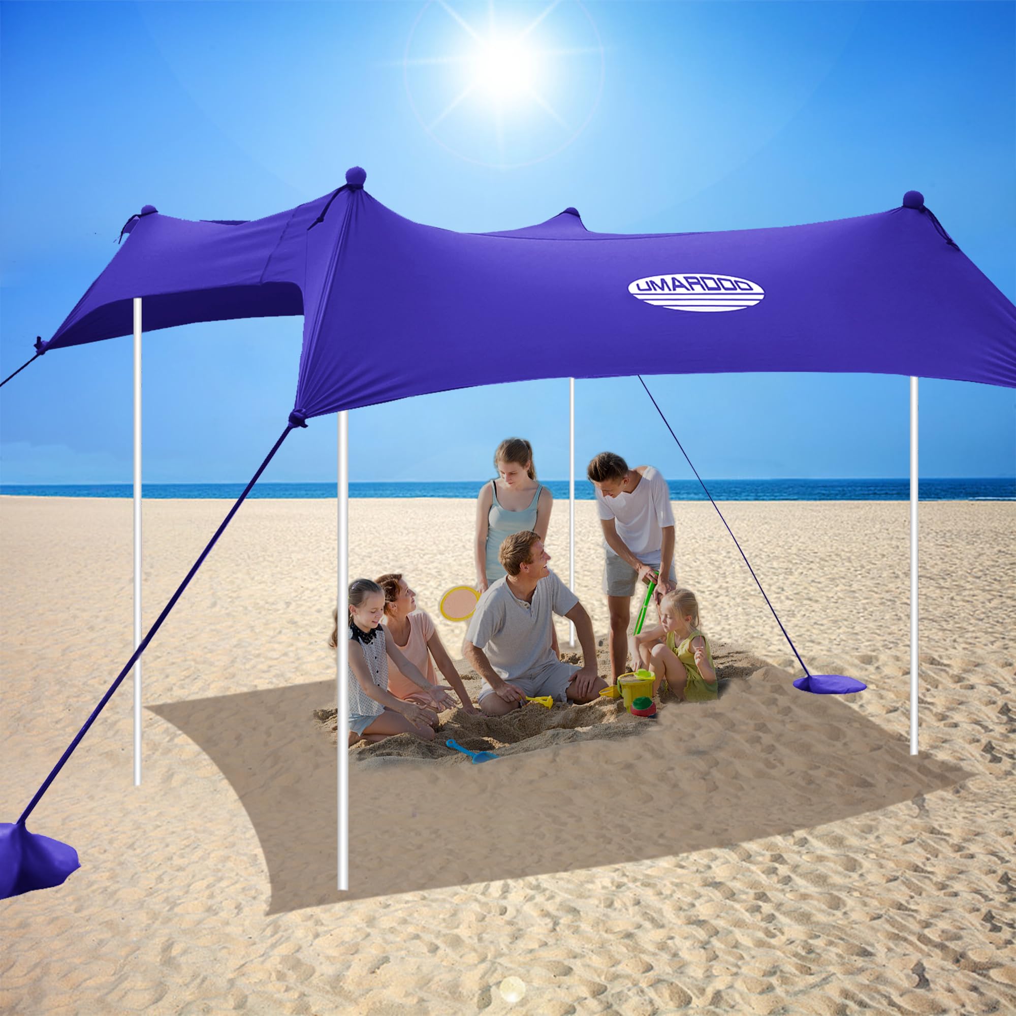 Umardo UPF 50+ sun shade delivers UV protection while family relaxes outdoors.