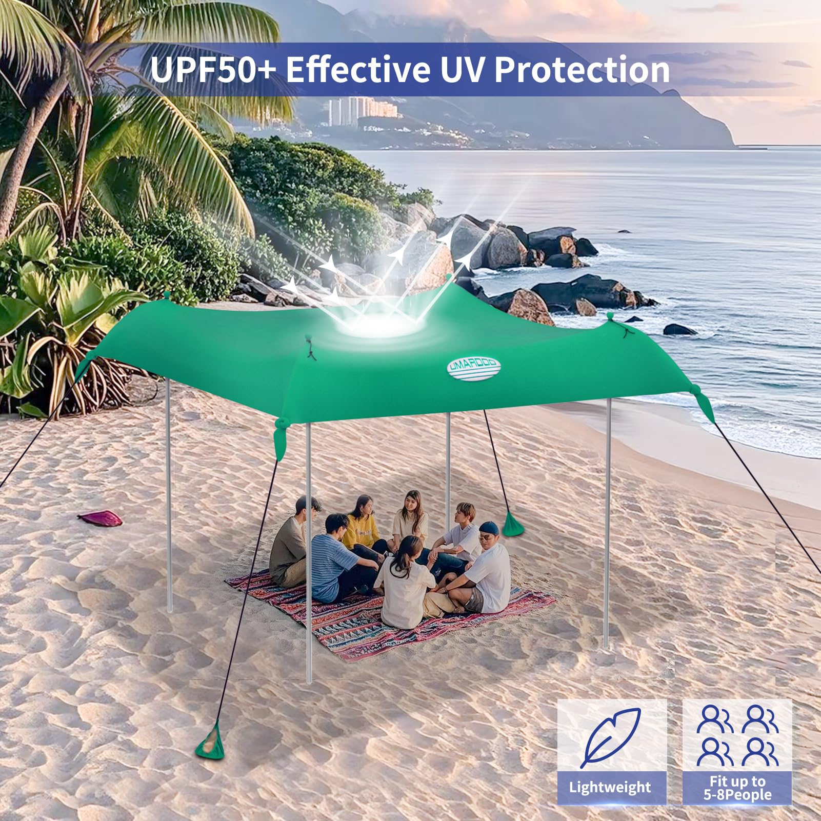 UMARDOO family using tent by the lake enjoying shade and conversation