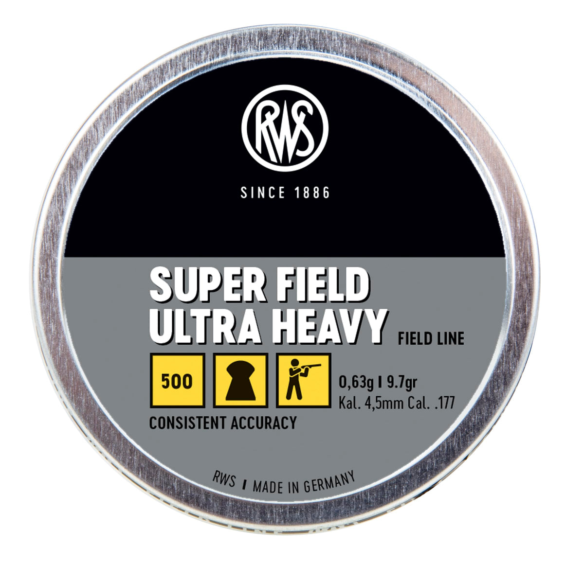 Umarex RWS Superfield Ultra Heavy 9.7-grain domed pellets in view, showcasing consistency