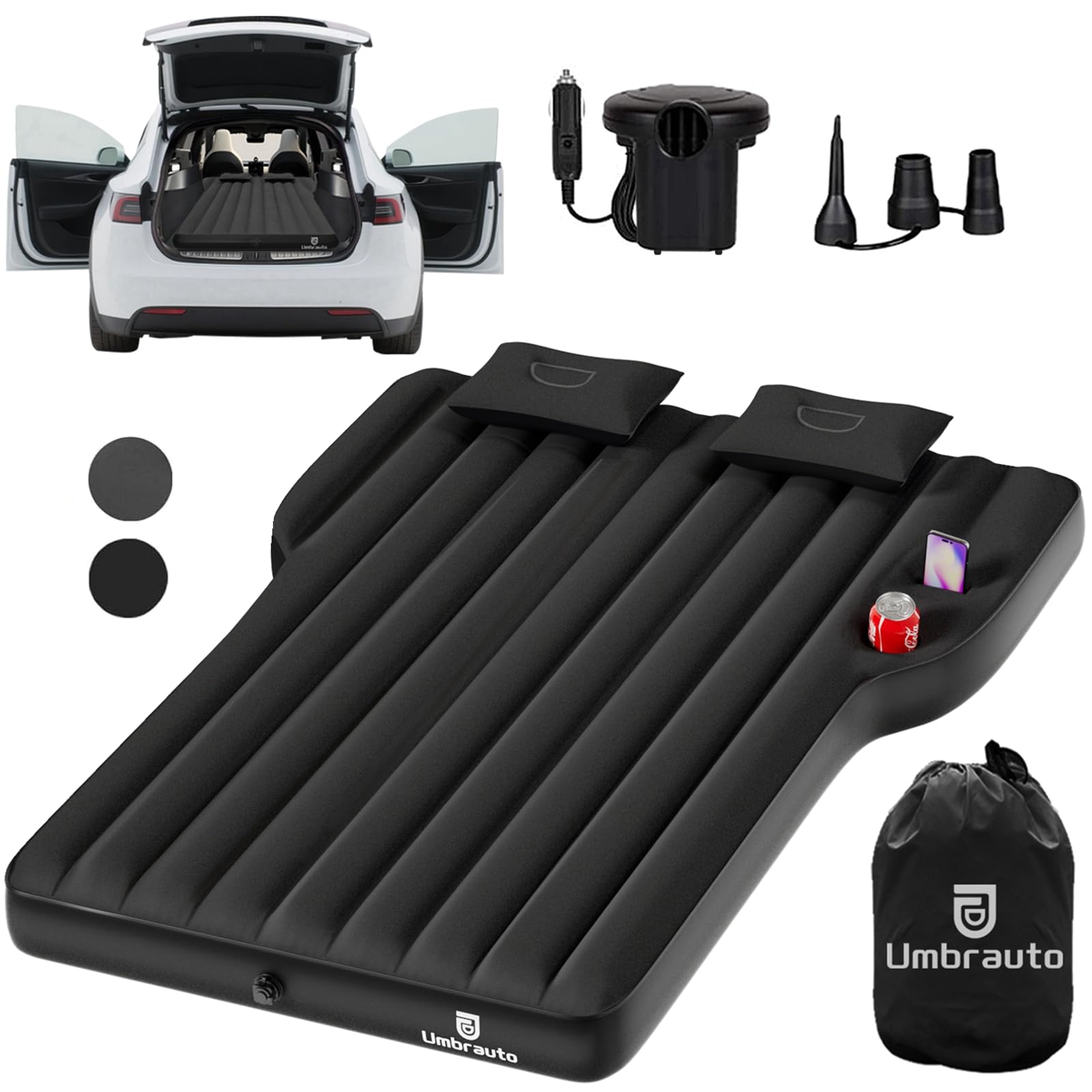 Umbrauto air mattress model Y fit demonstrates Tesla compatibility for car sleep comfort.