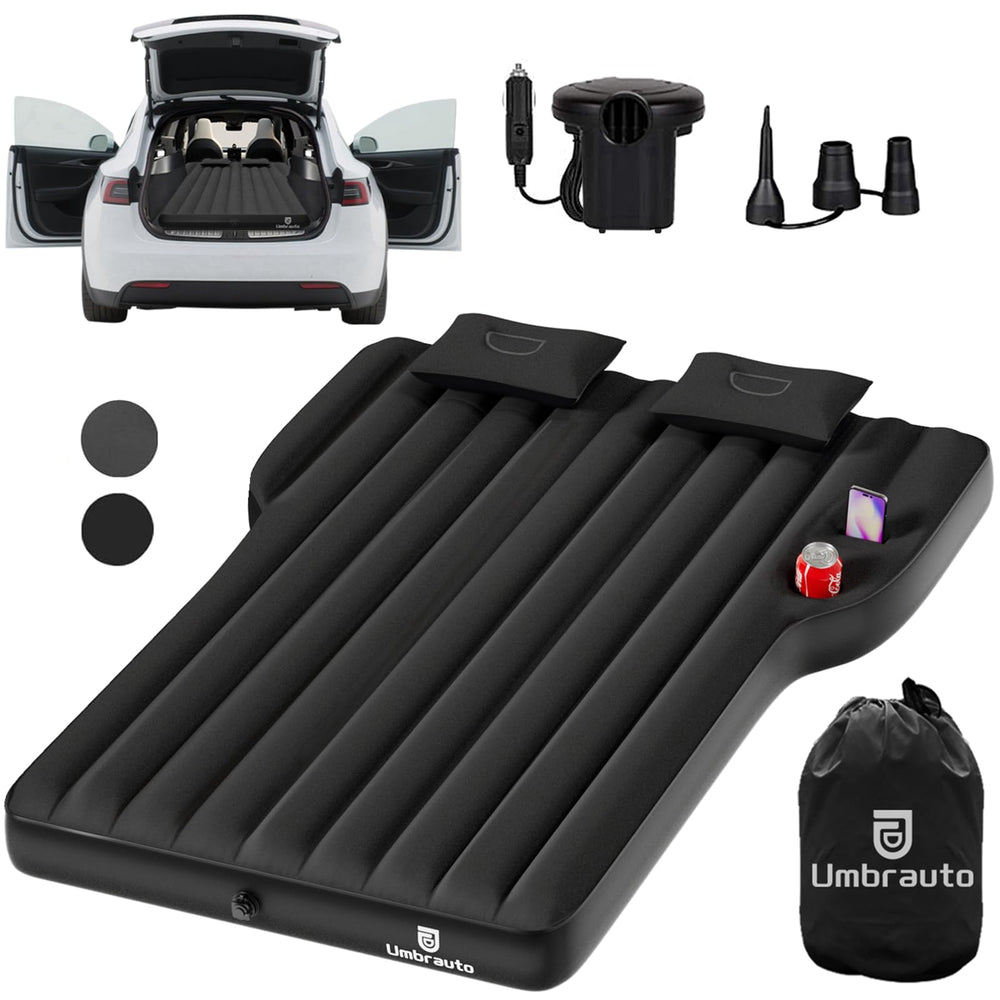 Umbrauto air mattress model Y fit demonstrates Tesla compatibility for car sleep comfort.