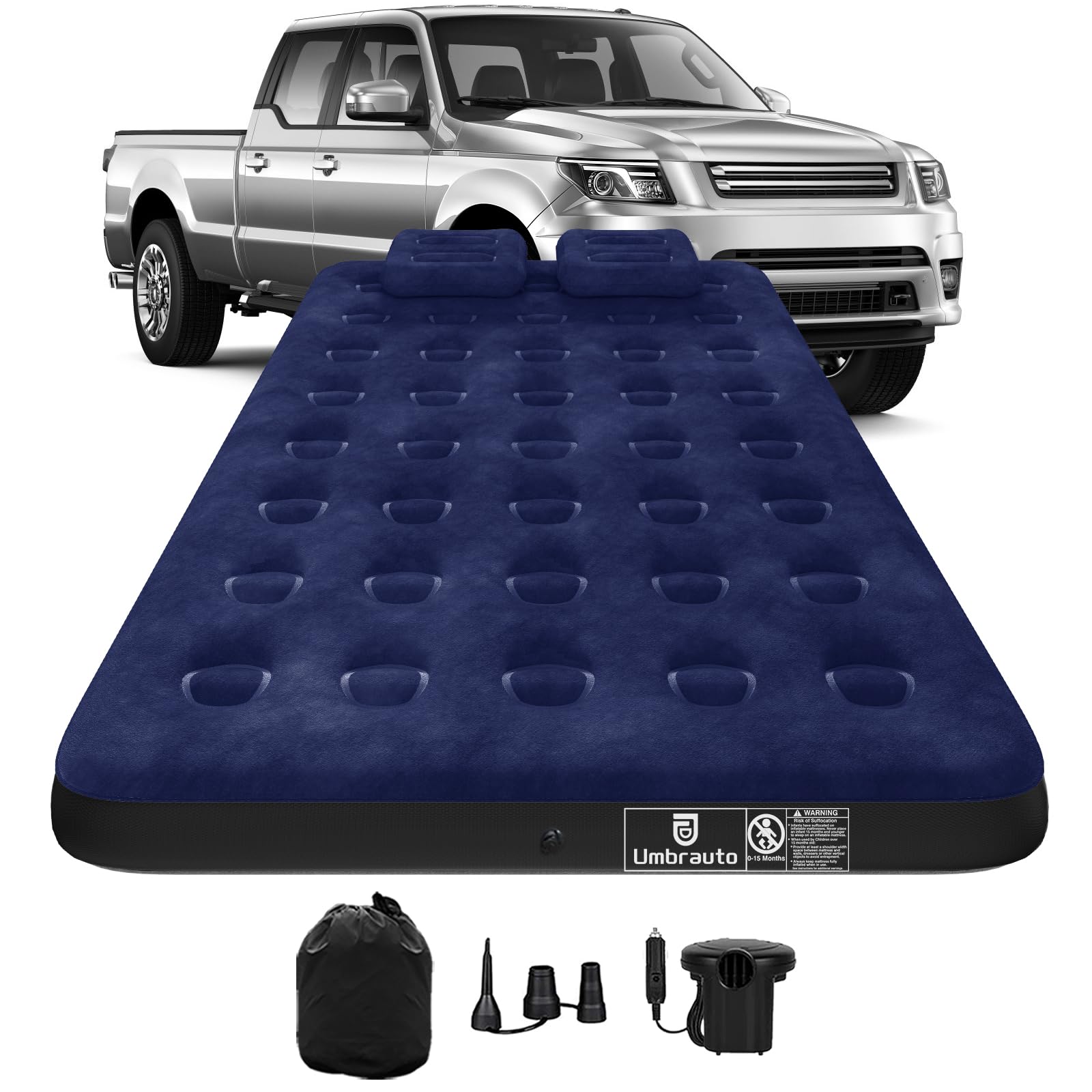 Umbrauto air mattress shown between truck wheels maximizing gear space