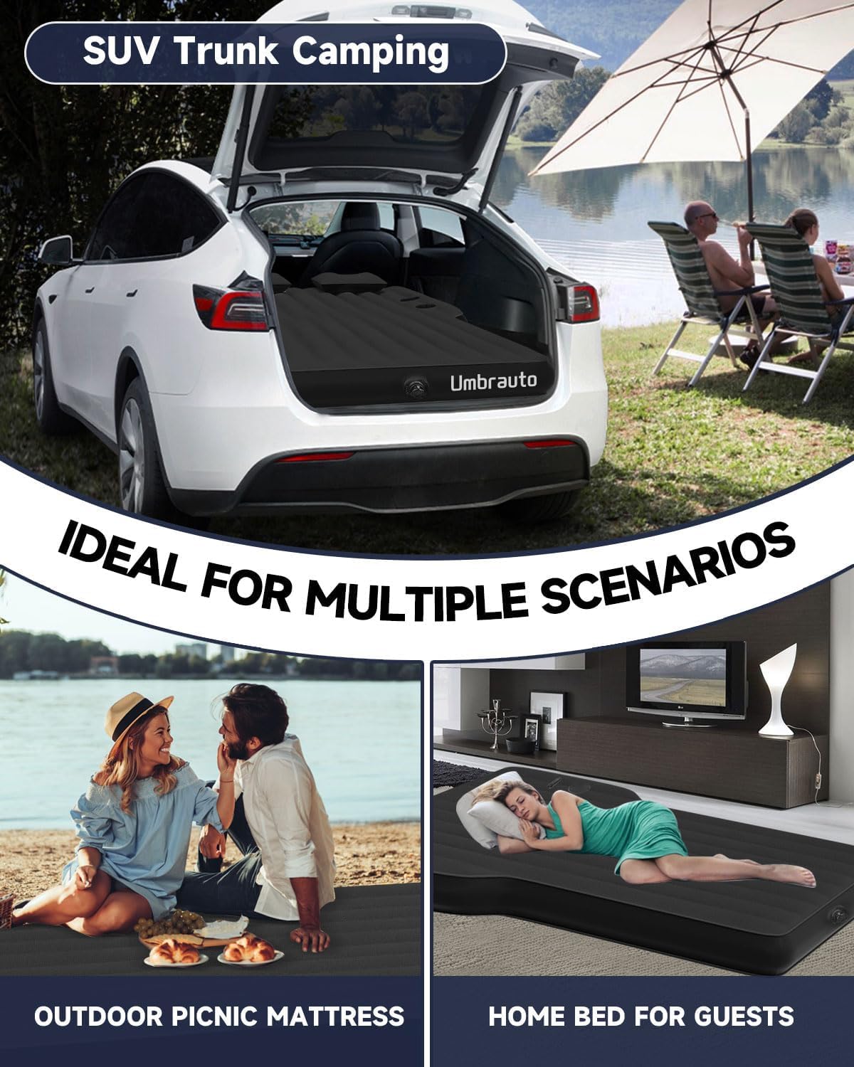 Umbrauto air mattress trunk-to-campsite setup for versatile travel accommodation.