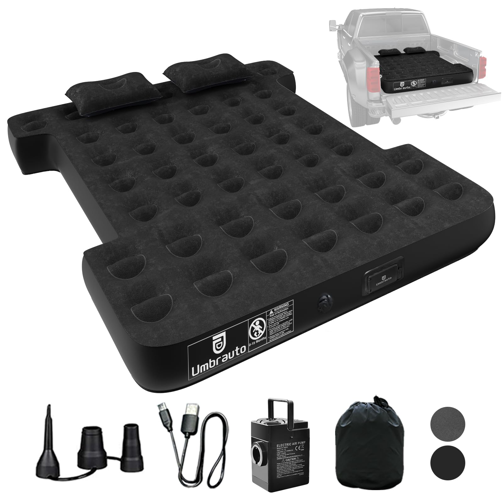 Umbrauto built-in pump air mattress in truck bed inflates quickly for camping.