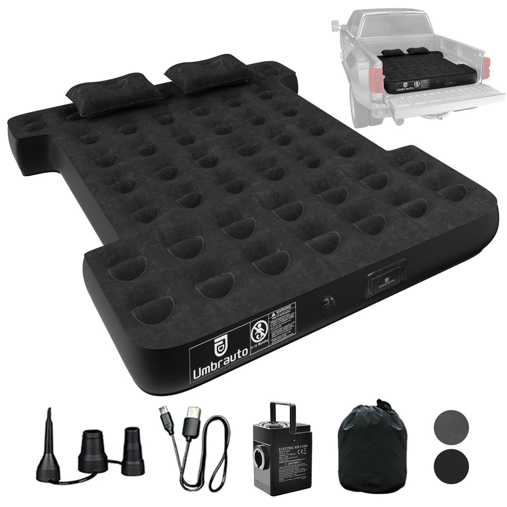 Umbrauto built-in pump air mattress in truck bed inflates quickly for camping.