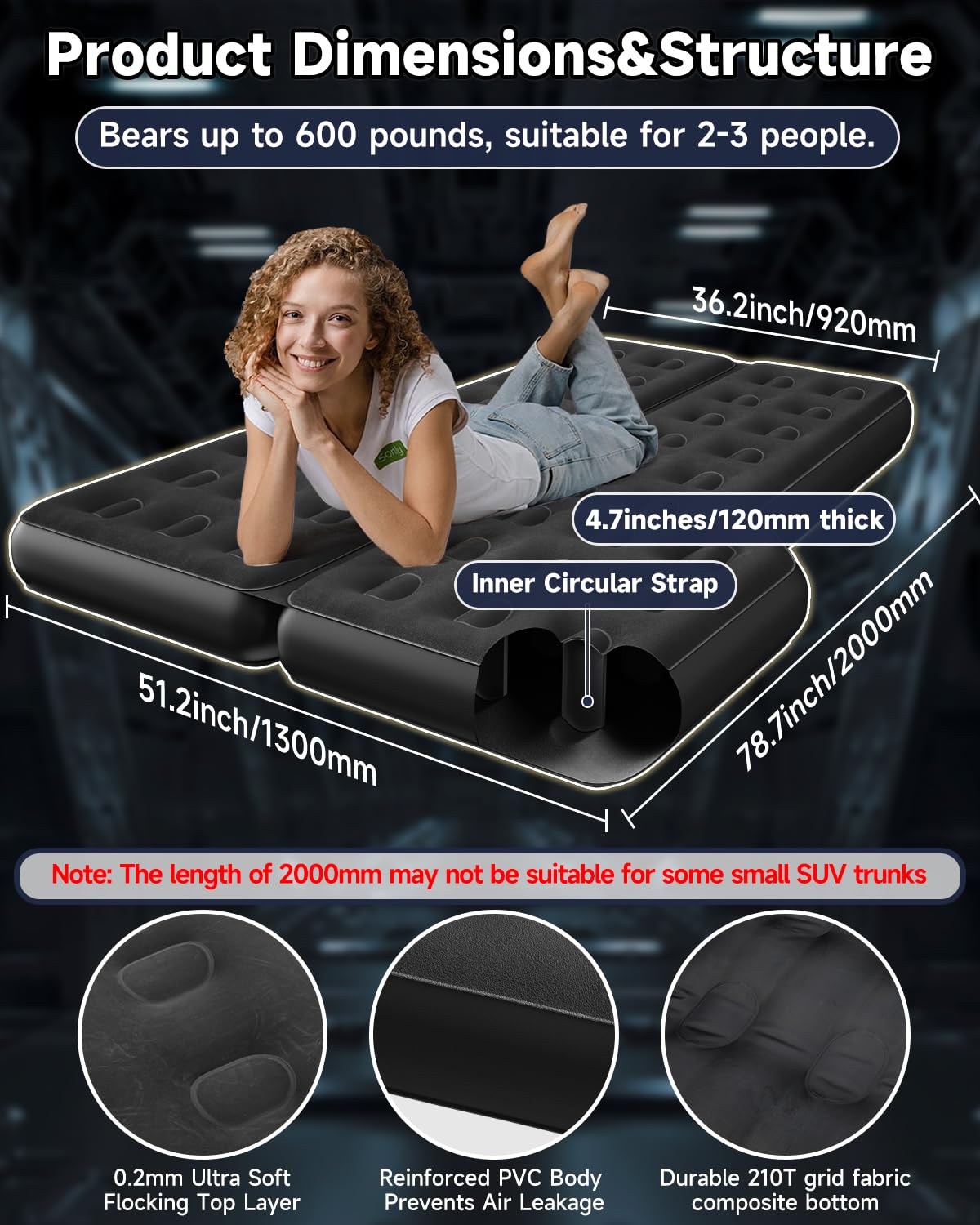 Umbrauto SUV air mattress fully inflated bed supporting two travelers in a trunk