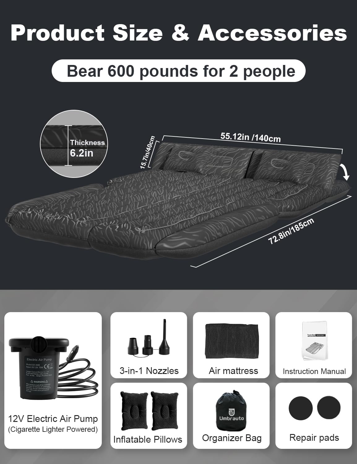 Umbrauto SUV air mattress packed in compact carry bag for travel-ready setup.