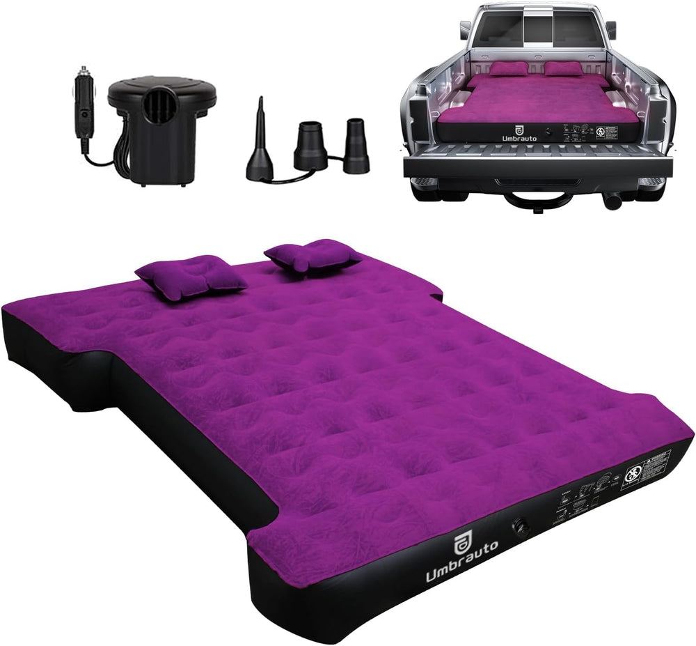 Umbrauto truck bed air mattress setup for quick, comfortable camping.