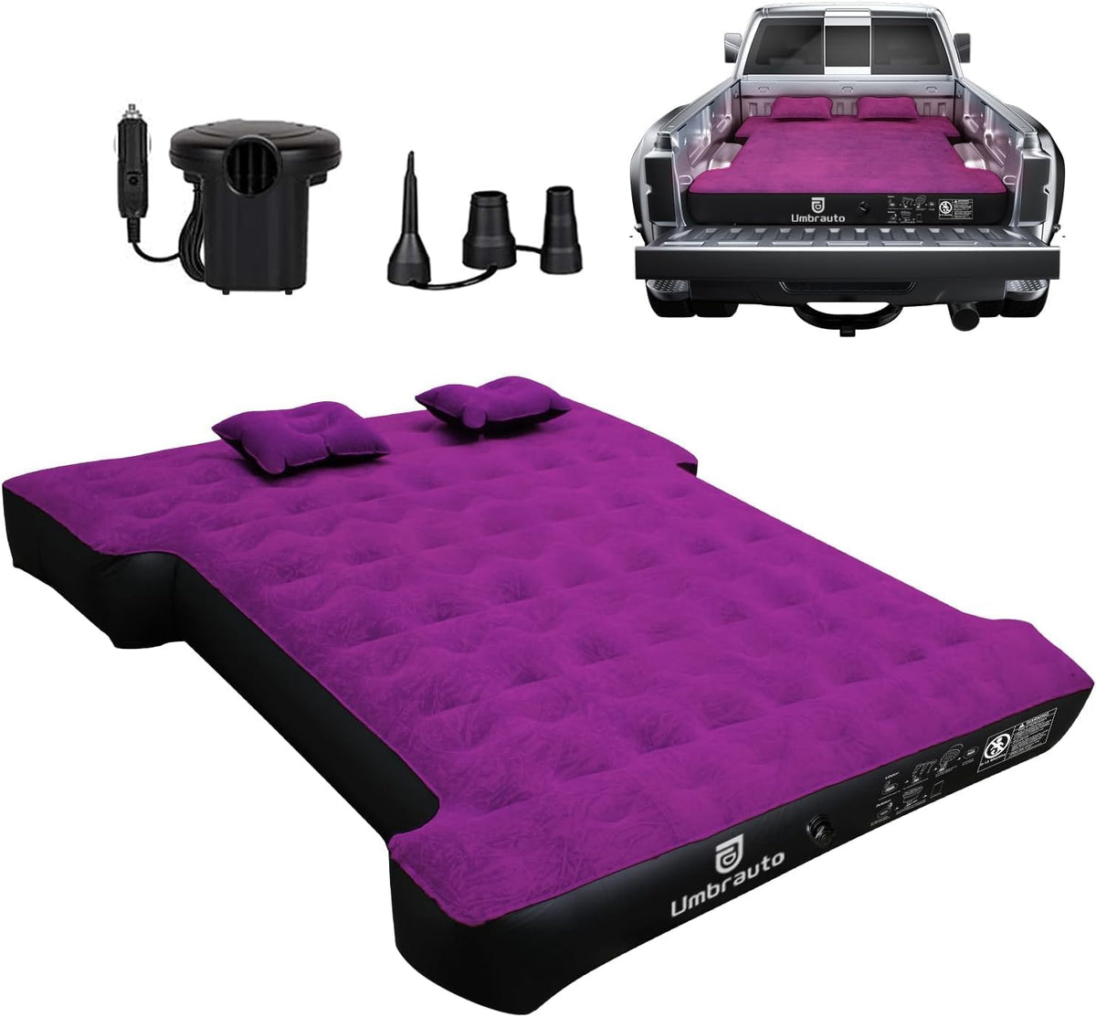 Umbrauto truck bed air mattress setup for quick, comfortable camping.