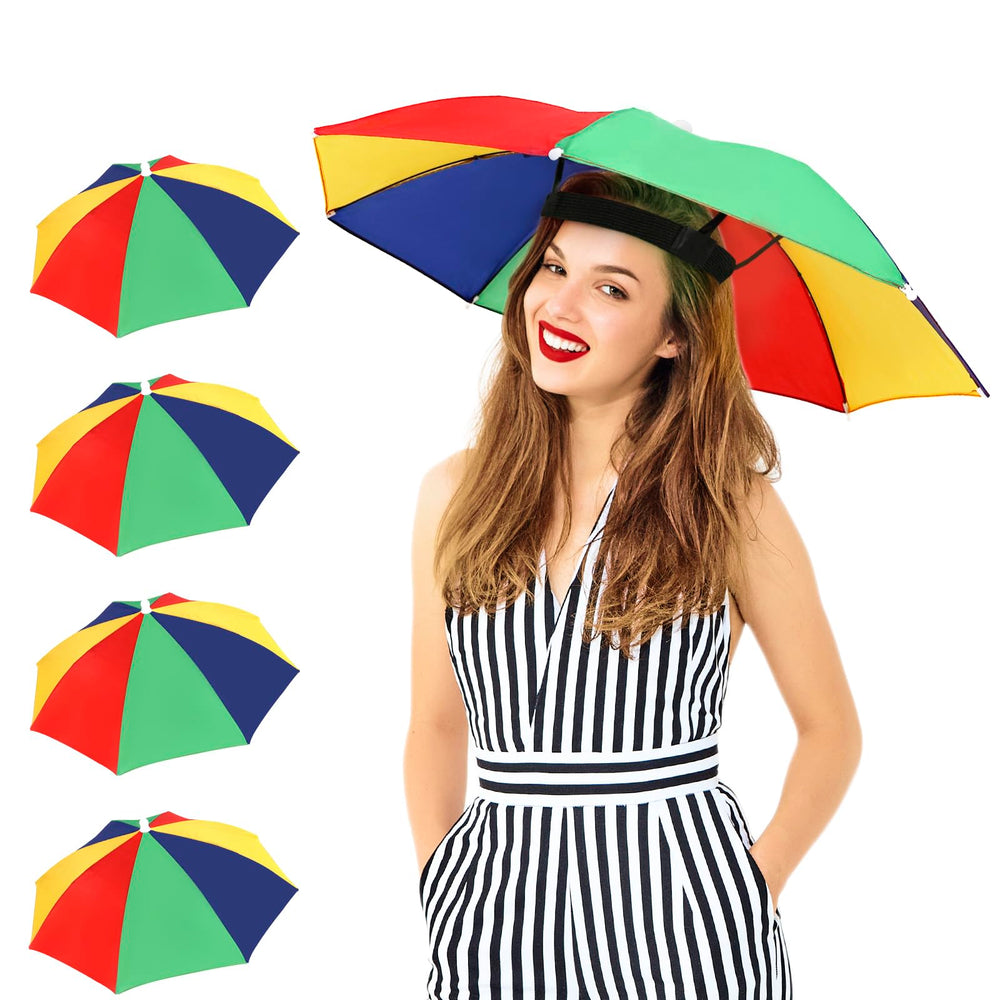 Open rainbow umbrella hats in a 4-pack setup on a white background