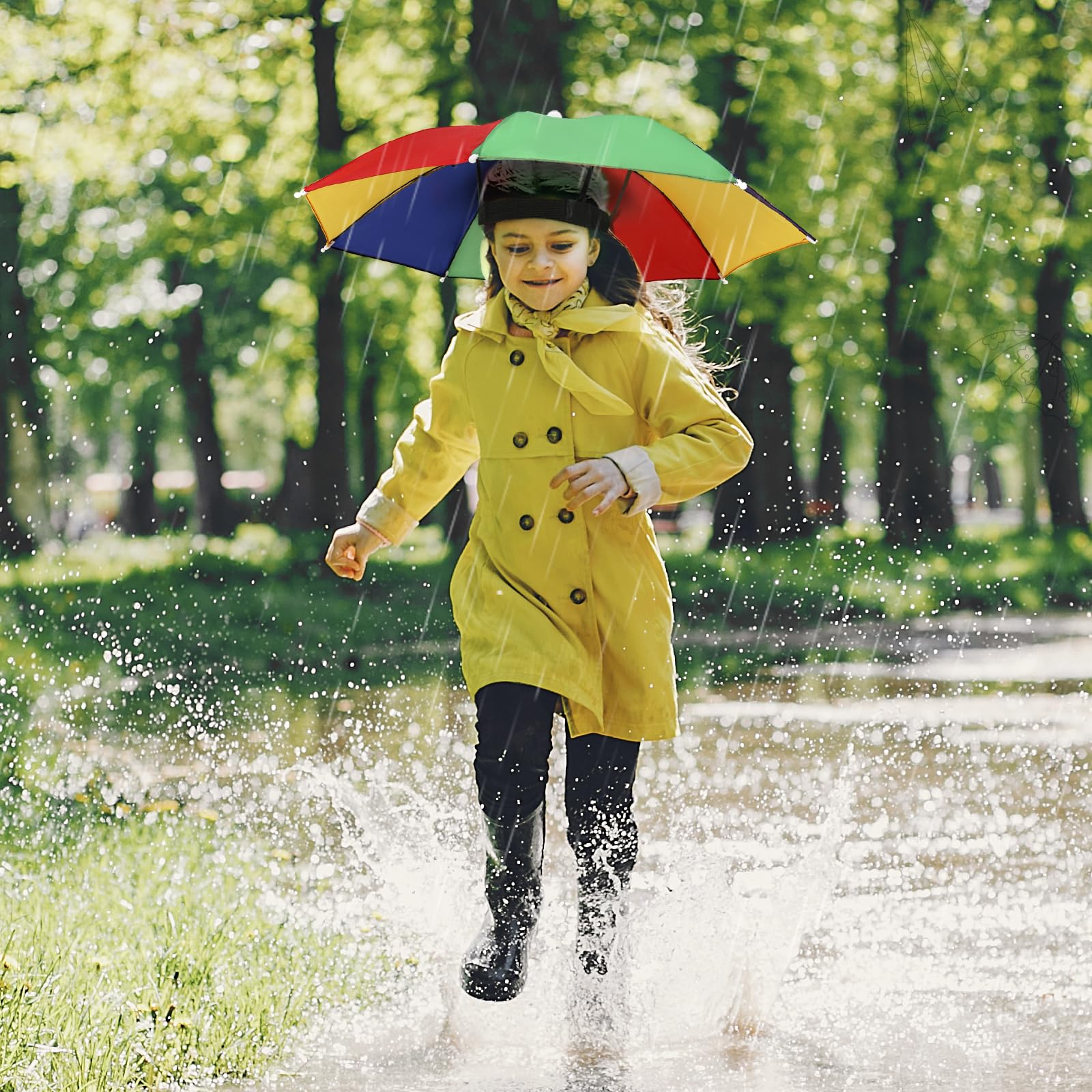 Gardening with a rainbow umbrella hat for sun protection
