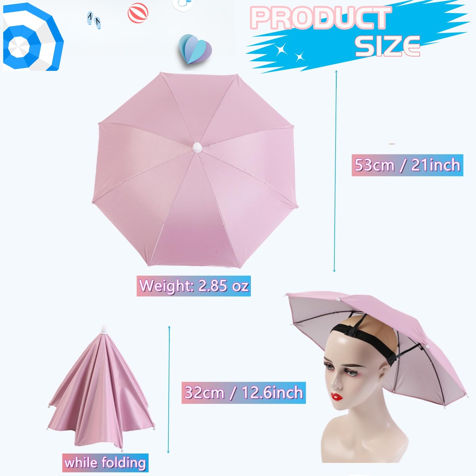 Open umbrella hat showing 21 inch diameter in use