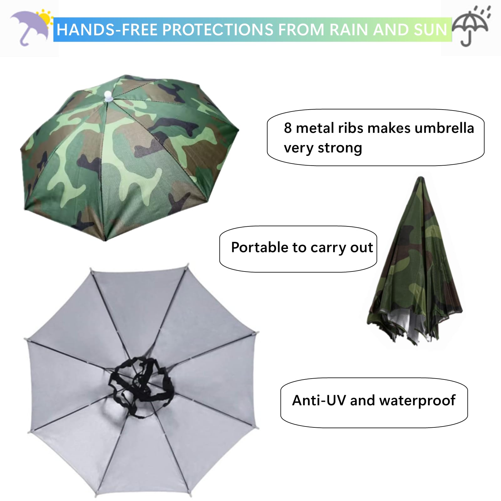 Person wearing rainbow umbrella hat for outdoor activity