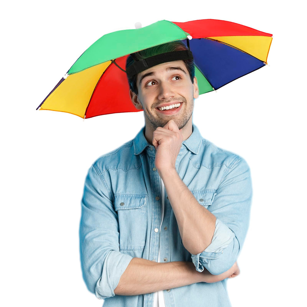 Rainbow umbrella hat worn by a child outdoors