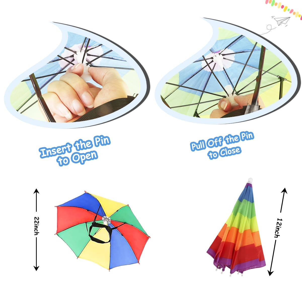 Close-up of adjustable elastic headband on rainbow umbrella hat