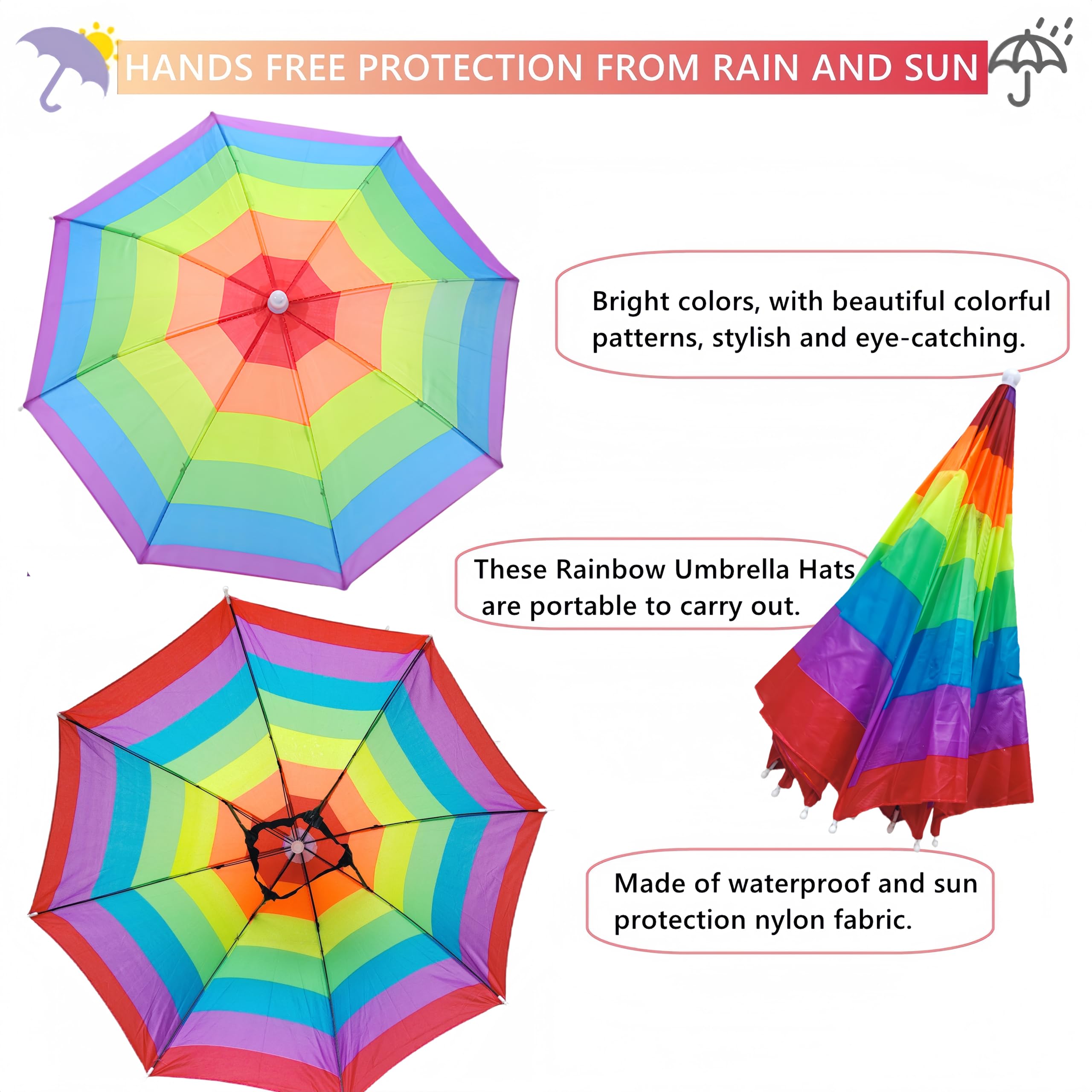 Open umbrella hat with 21 inch diameter shielding sun and rain