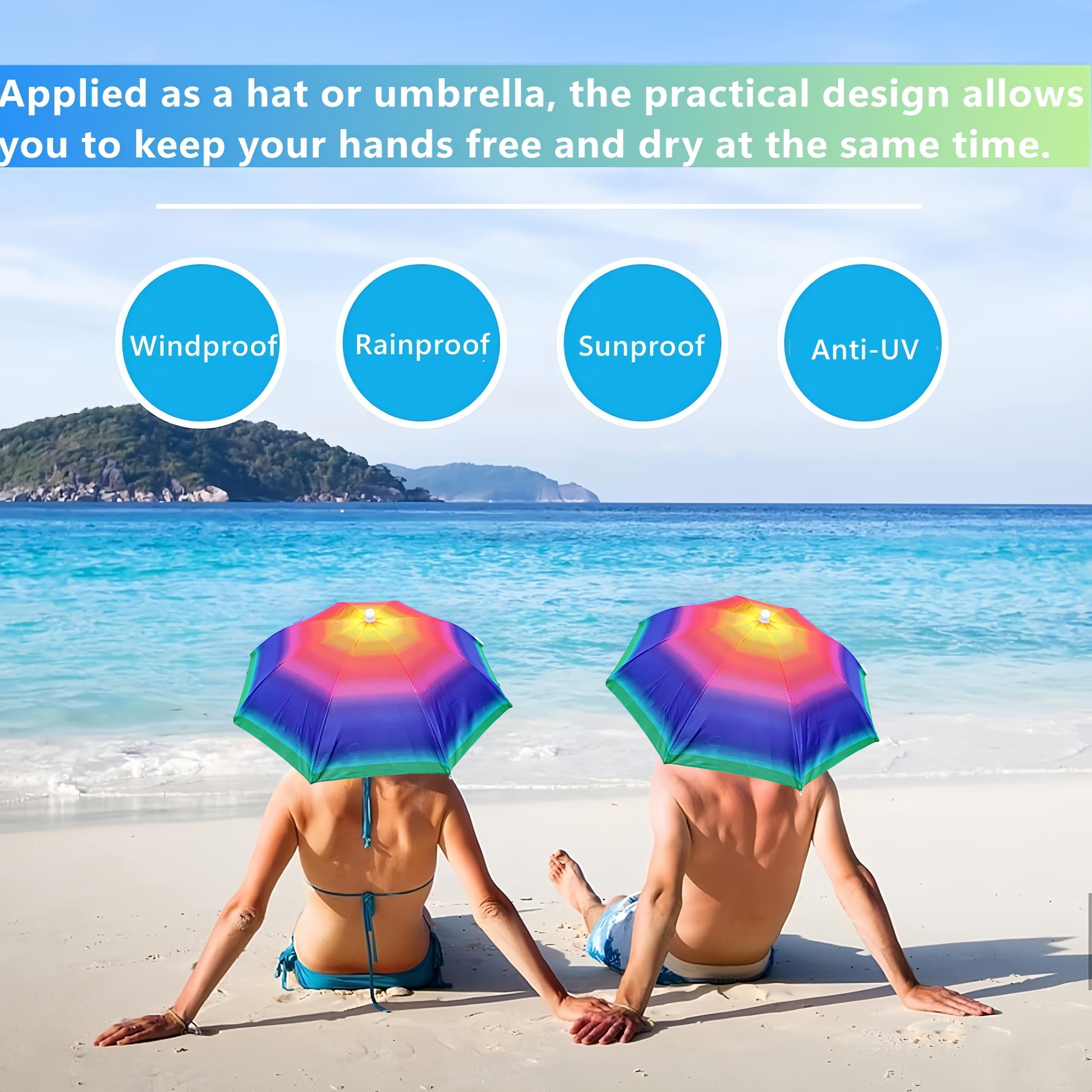 Outdoor scene with umbrella hats during hike or beach day