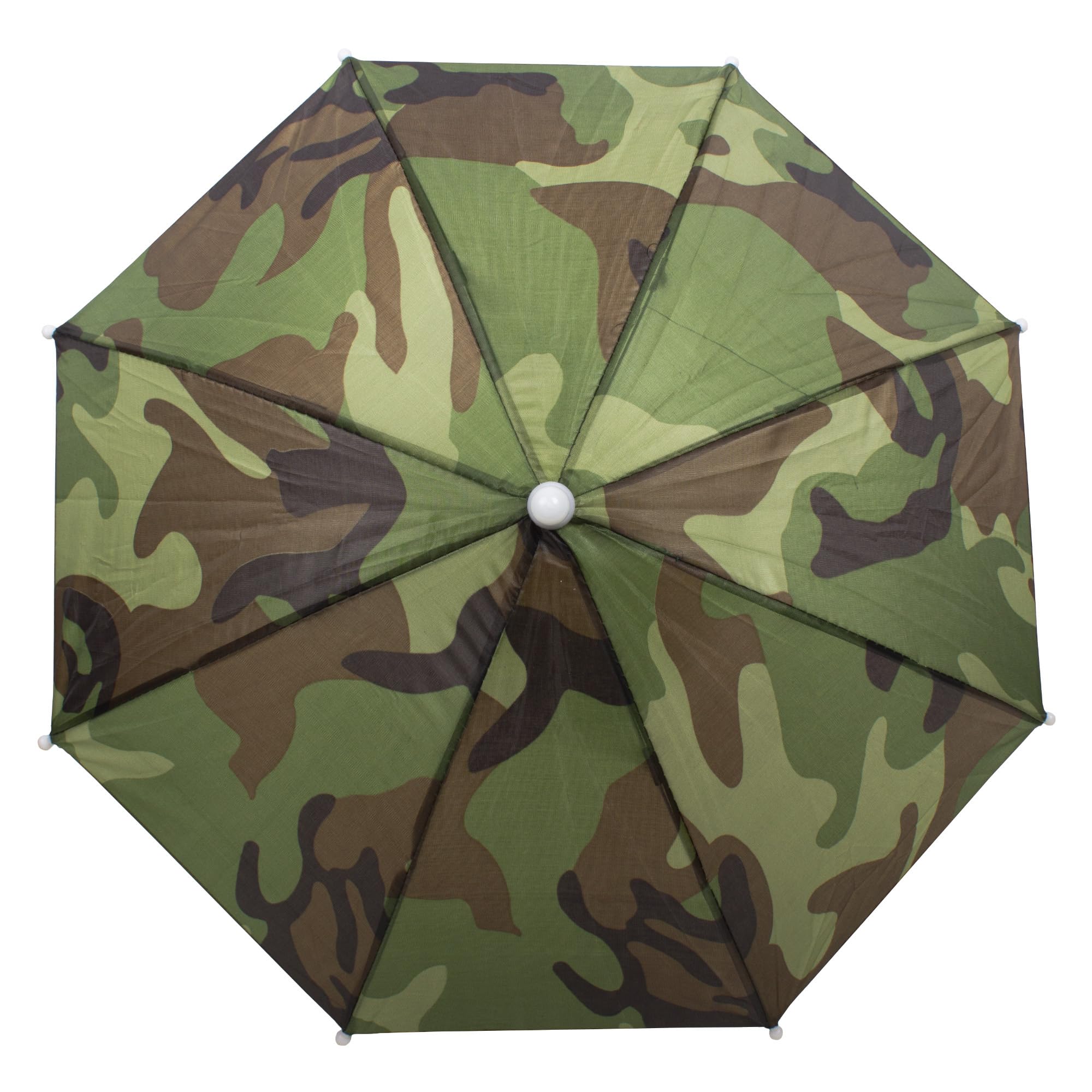 Person wearing camouflage umbrella hat for shade