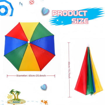 Open rainbow umbrella hat on a model outdoors