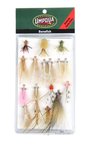 Umpqua Bonefish Deluxe Fly Selection pack shown for versatile flats fishing on bonefish.